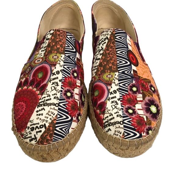 Desigual Canvas Espadrille Shoes Rojo Abril Floral Platform Flats Size 41 - Picture 1 of 8
